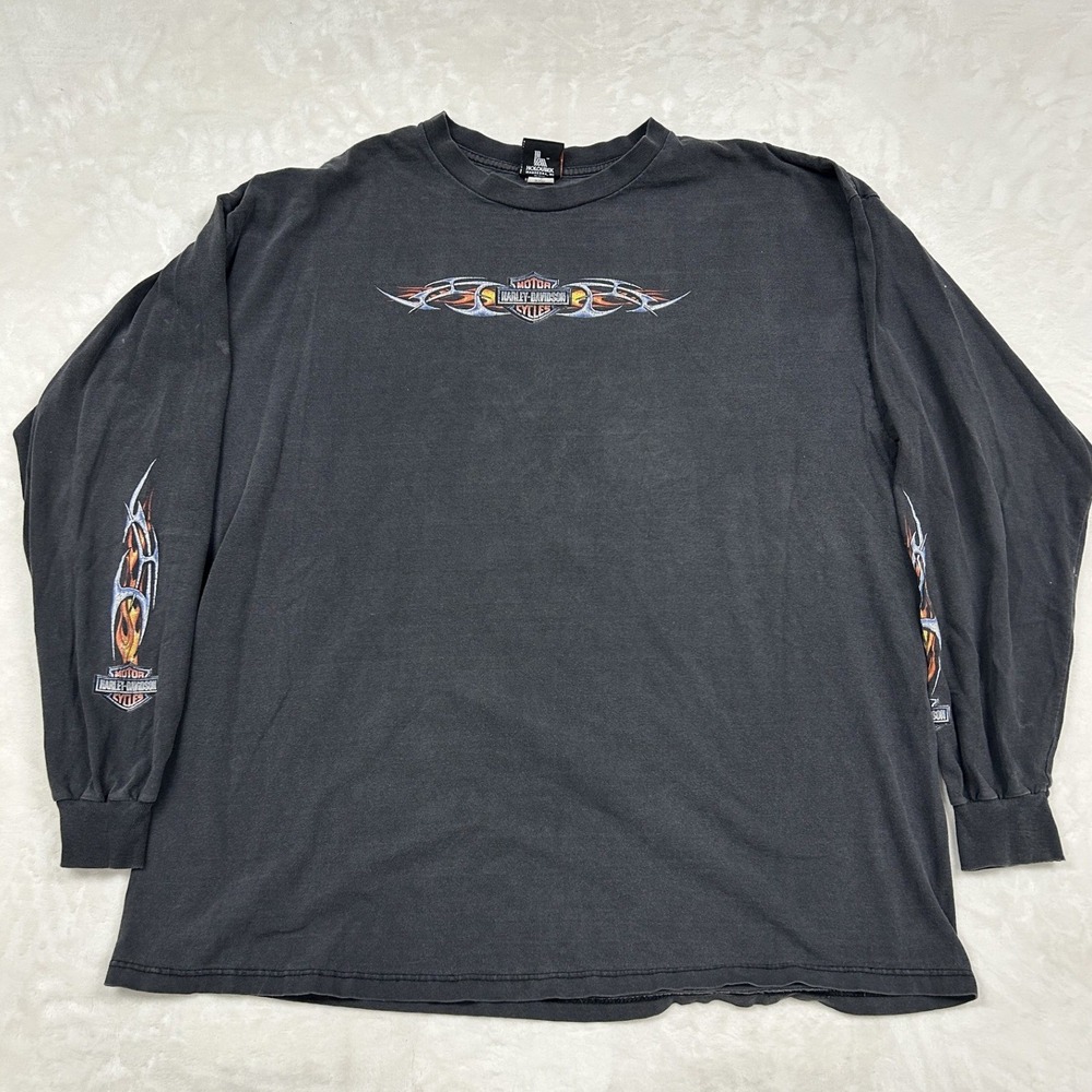 Harley Davidson Long Sleeve Shirt Mens 3XL Black Flame Tribal Graphic Faded Y2K